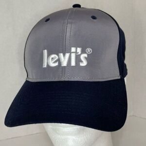 NEW Levi's Hat Wide Brim Red Logo Tab Navy Blue Grey Ball Cap Buckle Strap